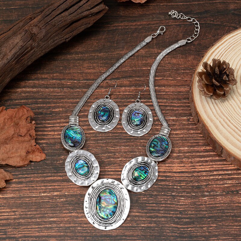 Wholesale Vintage Oval Snake Chain Abalone Earring Necklace Jewelry Set